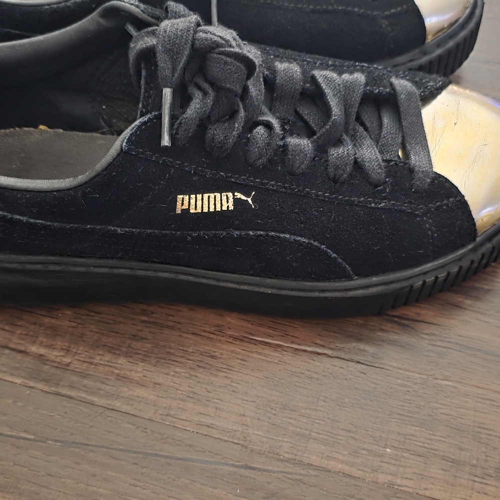 PUMA Black Suede Sneakers with Gold Toe – Women’s Size 6